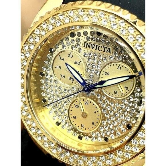 Invicta Women's Watch 28485 Angel Quartz Gold Tone Crystals Dial Black Rubber - Picture 1 of 13